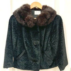 Vintage Black Faux Persian Lamb w/ Fur Trim Collar Jacket - Size Medium